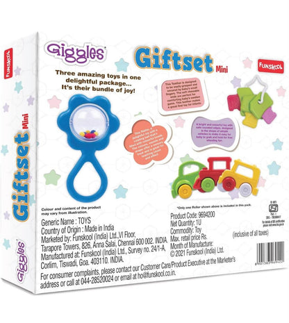 Colorful Funskool baby gift set with three toys for infants, promoting sensory play and enjoyment