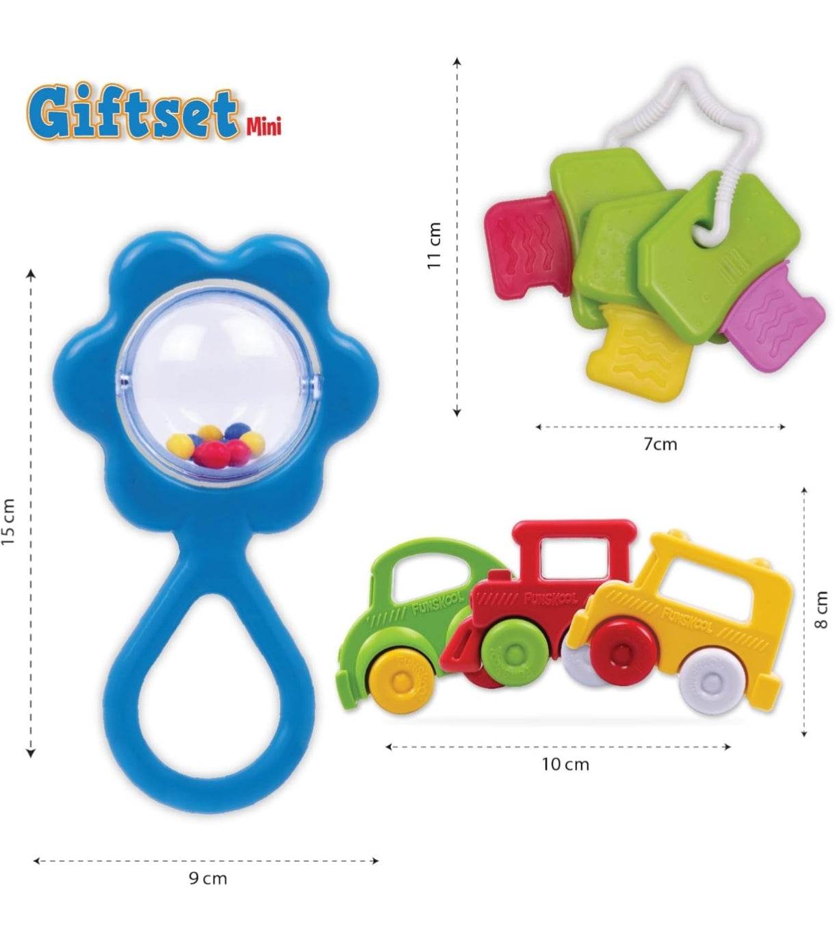 Colorful Funskool baby gift set with a rattle, teething keys, and toy trains for infants