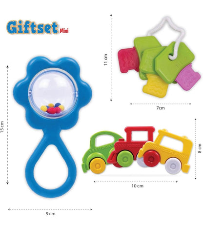 Colorful Funskool baby gift set with a rattle, teething keys, and toy trains for infants