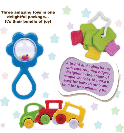 Colorful Funskool baby gift set with three toys, ideal for infants to explore and enjoy