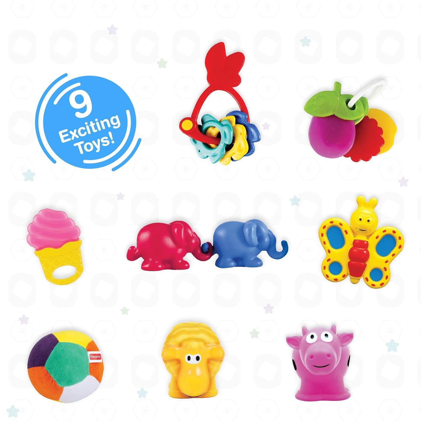 Assorted colorful baby toys including animals and shapes for infants aged 0-12 months