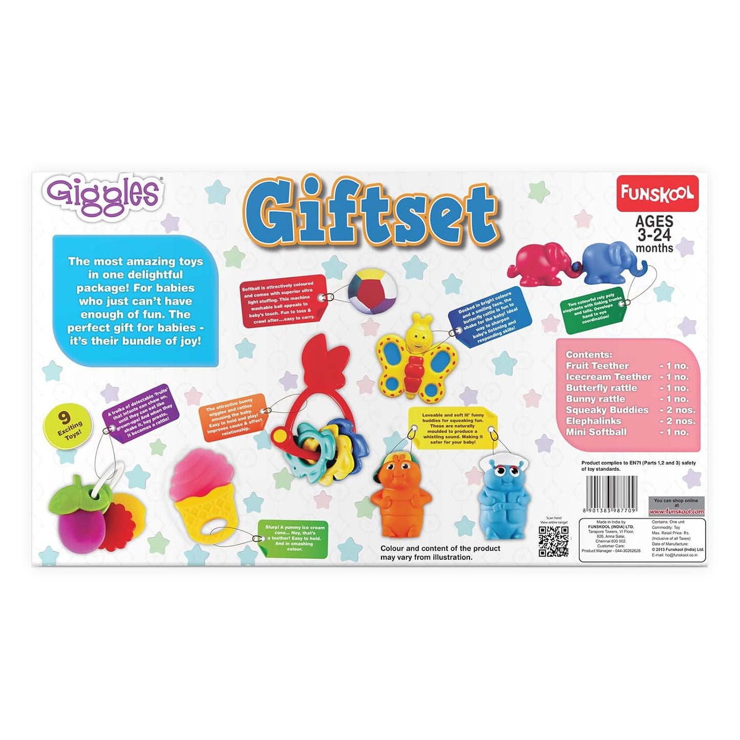 Colorful Funskool Giggles Giftset with various baby toys for ages 3-24 months