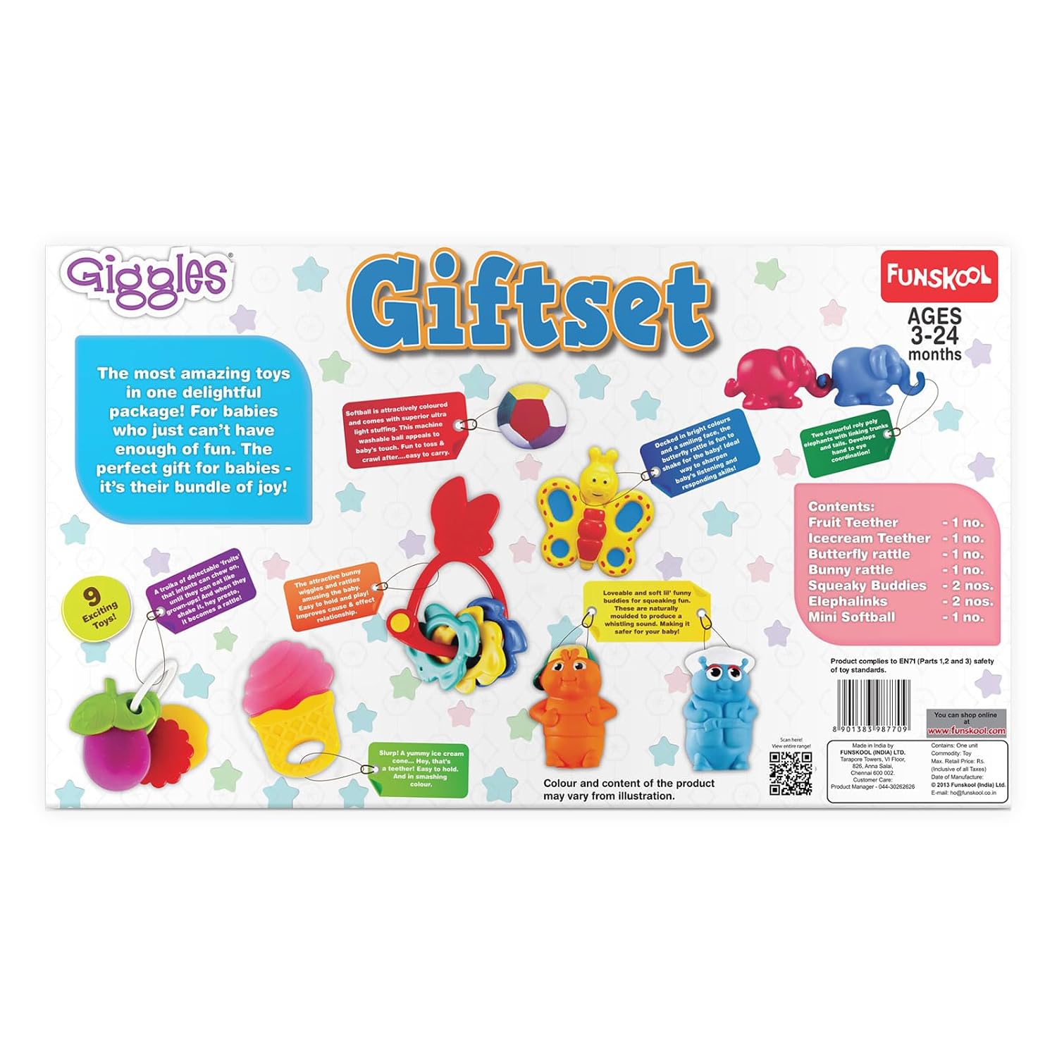 Colorful Funskool Giggles Giftset with various baby toys for ages 3-24 months