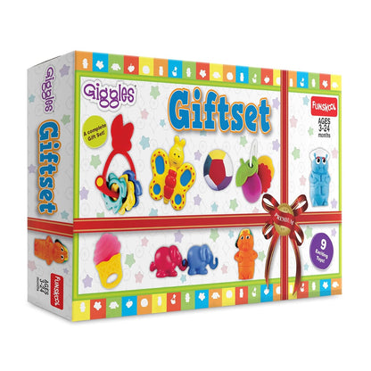 Colorful gift set of baby toys including animals and shapes designed for 0-24 months