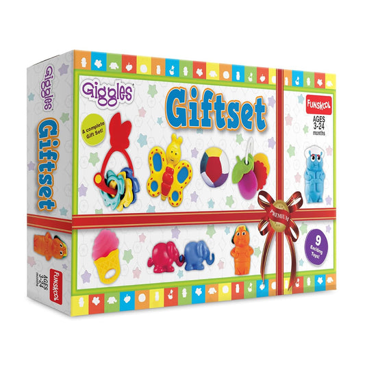 Colorful gift set of baby toys including animals and shapes designed for 0-24 months