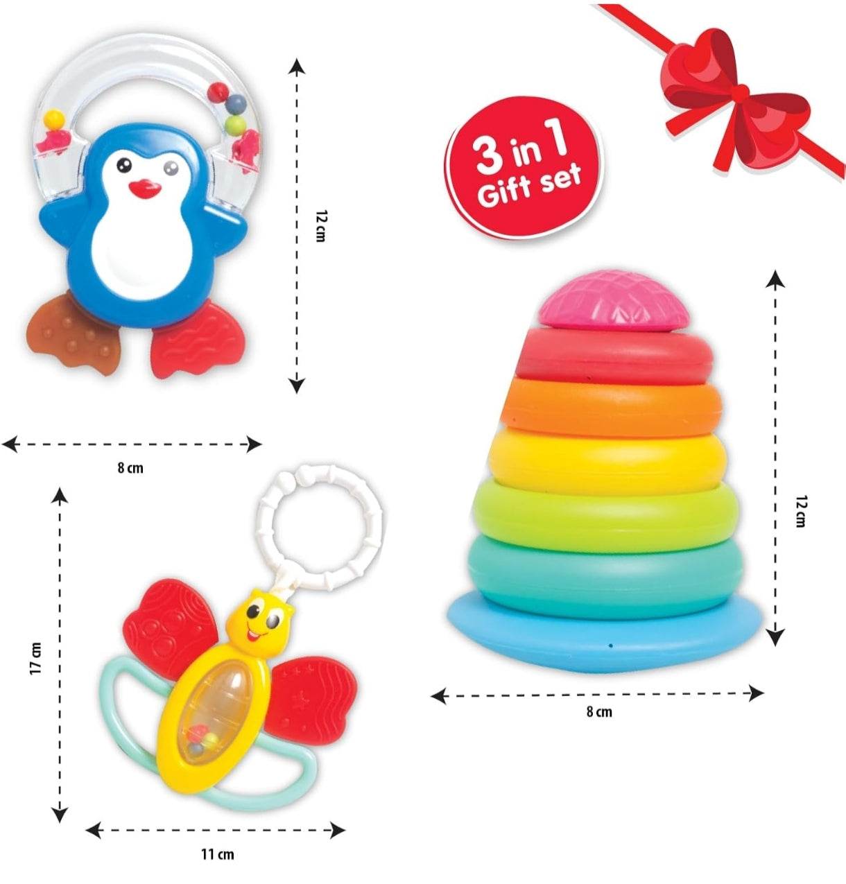 3 in 1 colorful gift set including a penguin rattle, stacking rings, and a butterfly teether for a newborn
