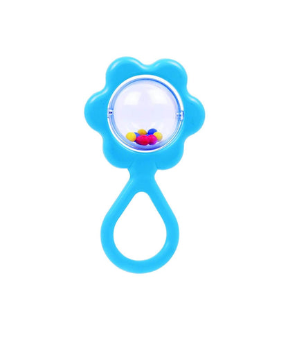 Blue flower-shaped rattle with colorful beads, a perfect gift for a newborn