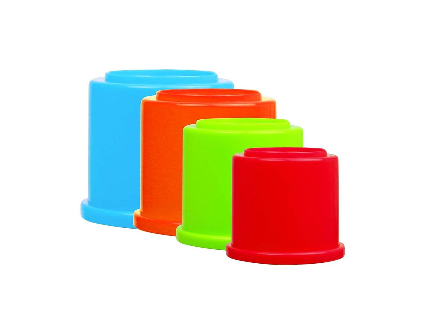Colorful stacking cups set in blue, green, orange, and red, perfect as a gift for a newborn.