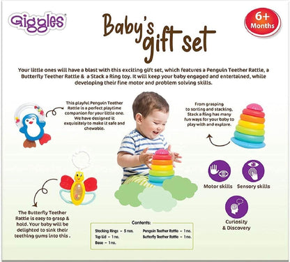 Baby's gift set including a Penguin Rattle, Butterfly Teether, and Stacking Ring for 6 months and up, perfect as a gift for a newborn.