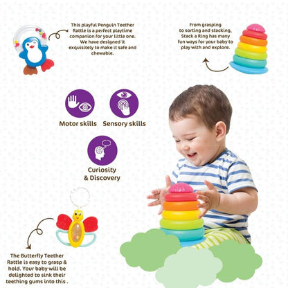 Colorful stacking toy set including penguin teether and butterfly rattle, perfect gift for a newborn