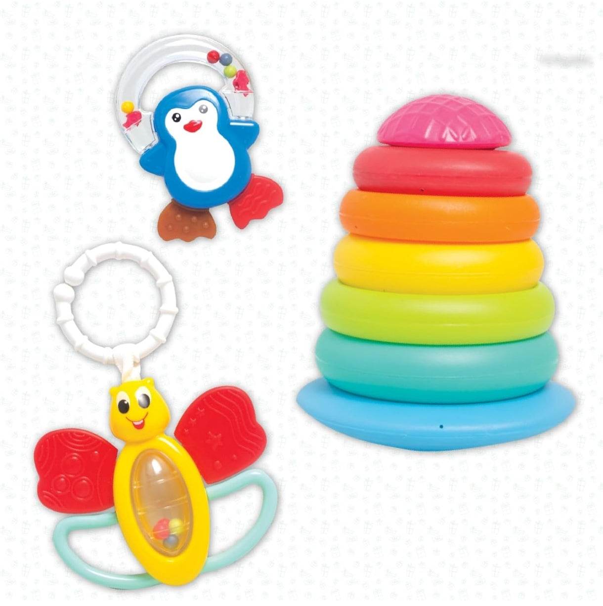 Colorful stacking toy set and rattle for infants, perfect as a gift for a newborn