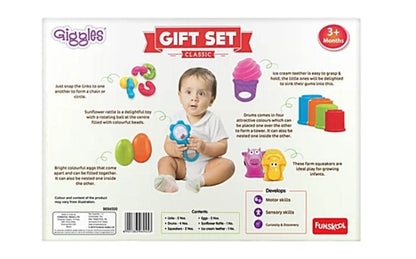 Colorful Funskool gift set for newborn with toys promoting motor skills and sensory play