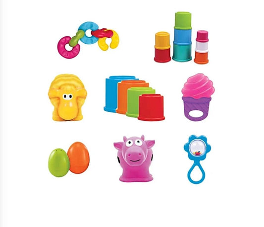Colorful Funskool gift set for newborn featuring stacking cups, animal toys, and rattles