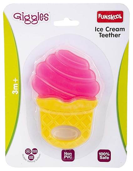 Pink and yellow ice cream cone infant teething toy for babies 3 months and older