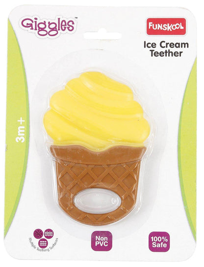 Yellow Funskool ice cream teether for infants, safe infant teething toy for soothing gums