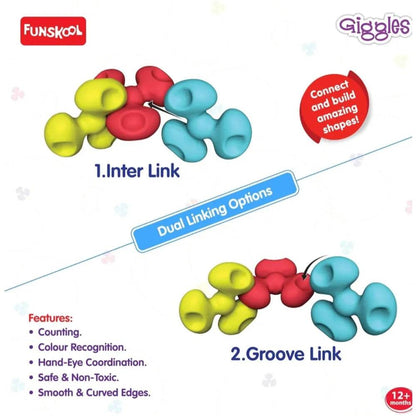 Colorful interlocking toy pieces for 12 months and up, promoting creativity and hand-eye coordination