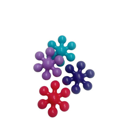 Colorful tactile toys in red, purple, blue, and green for sensory play and skill development