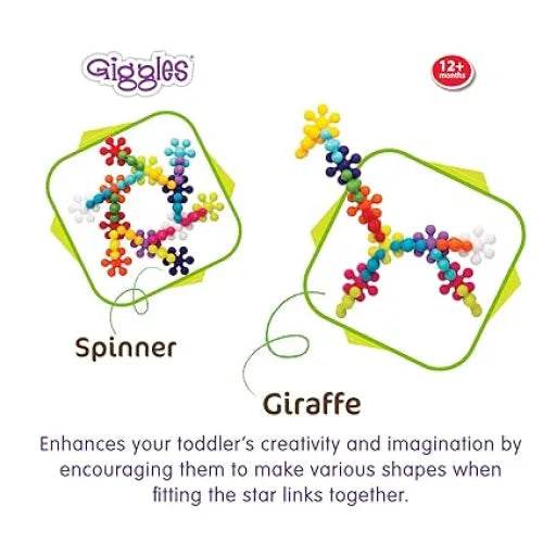 Colorful LEGO building set for toddlers aged 12 months and up, featuring spinner and giraffe shapes.