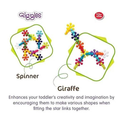 Colorful LEGO building set for toddlers aged 12 months and up, featuring spinner and giraffe shapes.