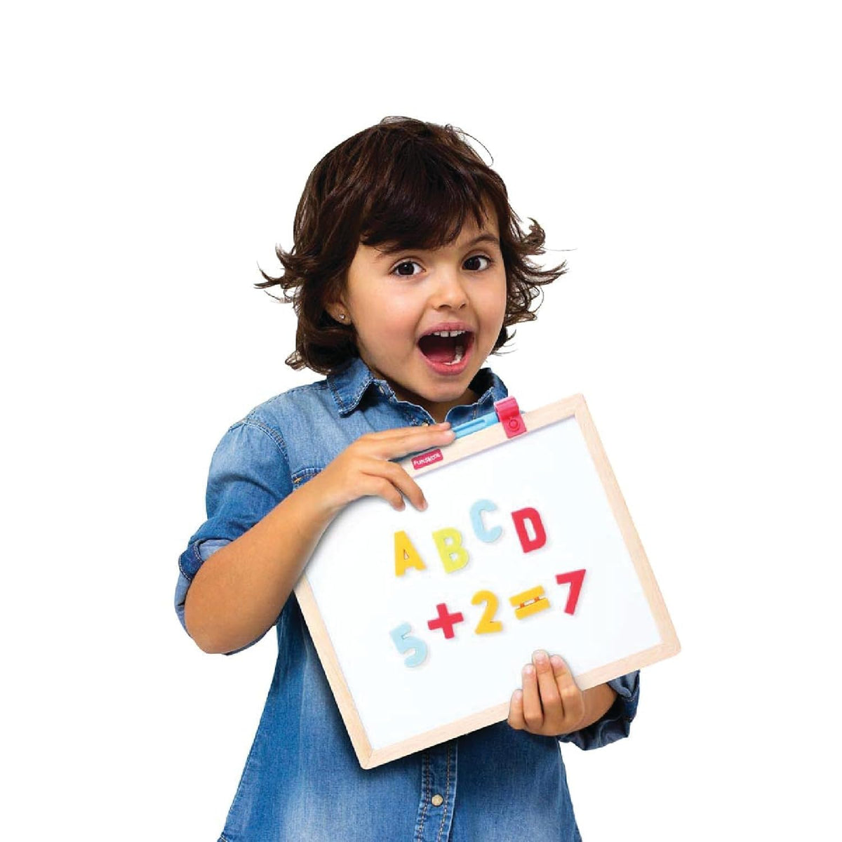 Child holding a wooden slate with letters and numbers for educational play