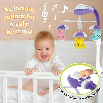 Colorful musical mobile for babies featuring soothing classroom music and soft plush toys for calming bedtime