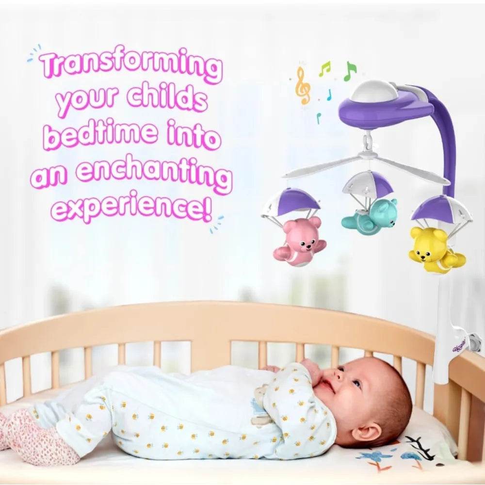 Colorful mobile with soothing classroom music for infants in a crib to create a calming bedtime atmosphere