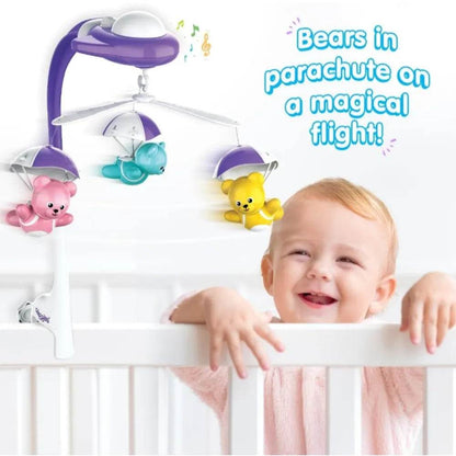 Colorful baby mobile with parachuting bears for soothing classroom music and engaging infants