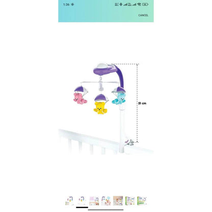 Baby crib mobile in purple and pastel colors with soothing classroom music for infants