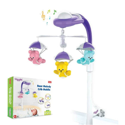 Colorful crib mobile with plush bears playing soothing classroom music for infants