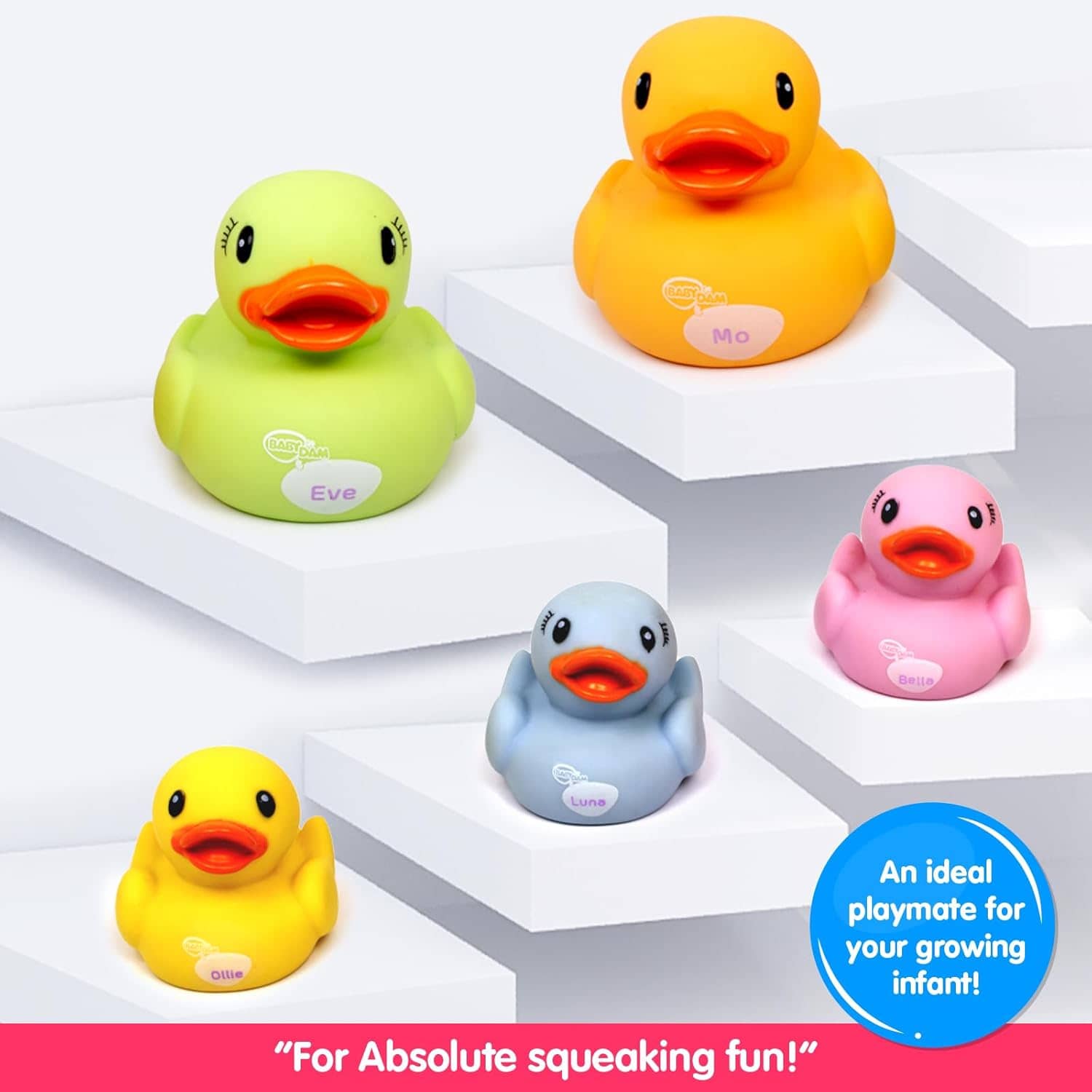 Assorted colorful squeaky toys for dogs, including yellow, pink, and blue rubber ducks