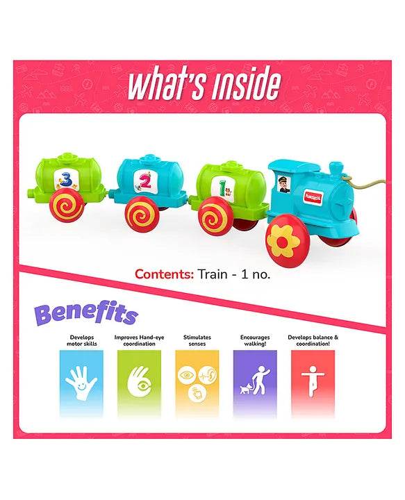 Colorful toy train with three carriages designed for toddlers to enhance motor skills
