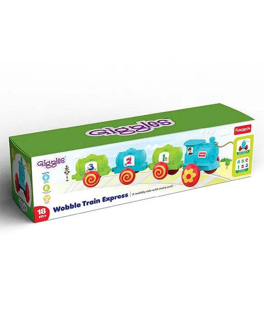 Multicolored toy train for children aged 18 months and older, featuring interactive elements