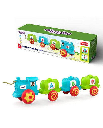 Colorful toy train with wobbling action for kids aged 1-3 years, promoting fun and learning