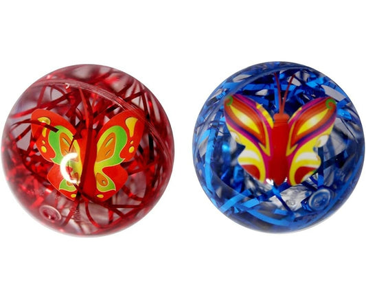 Red and blue glitter balls with butterfly designs for kids ages 3 and up