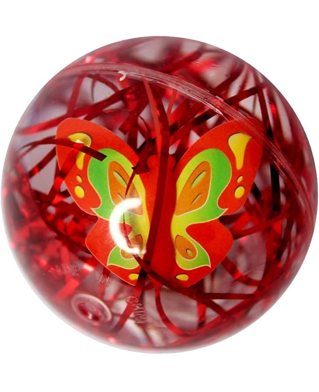 Red glitter ball with a butterfly design, perfect for ages 3 and up