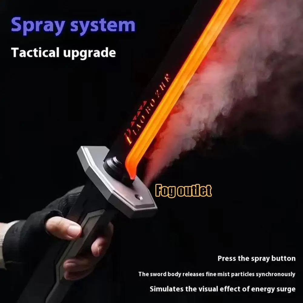 Glowing sword with tactical upgrade and spray system for kids, simulating energy surges
