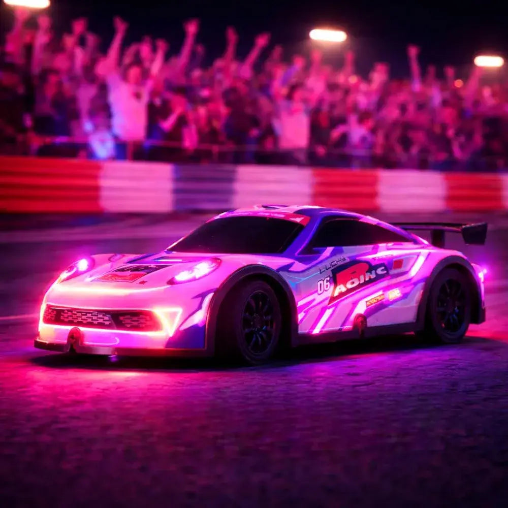 Remote control car with remote in vibrant colors, designed for outdoor racing fun