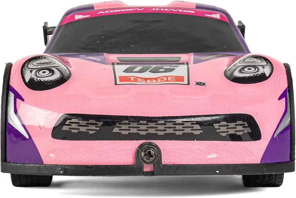 Pink remote control car with remote for kids aged 6 and up, featuring sporty design and fast action