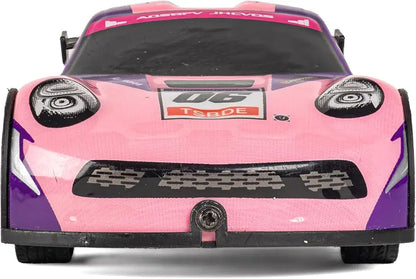 Pink remote control car with remote for kids aged 6 and up, featuring sporty design and fast action