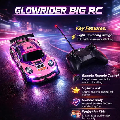 Glowrider Big RC remote control car with remote, LED lights, and sporty design for ages 6 and up