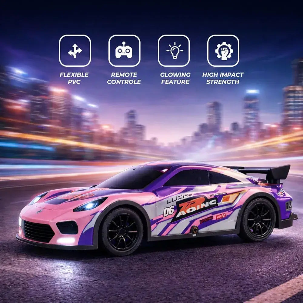 Purple remote control car with remote, flexible PVC, glowing feature for ages 5 and up