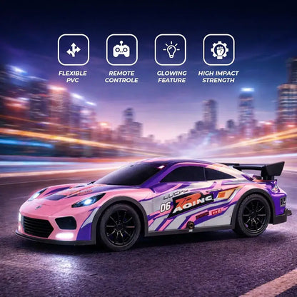 Purple remote control car with remote, flexible PVC, glowing feature for ages 5 and up