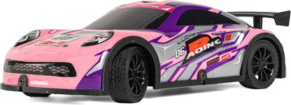 Pink remote control car with remote for ages 6 and up, featuring sporty design and high-speed action