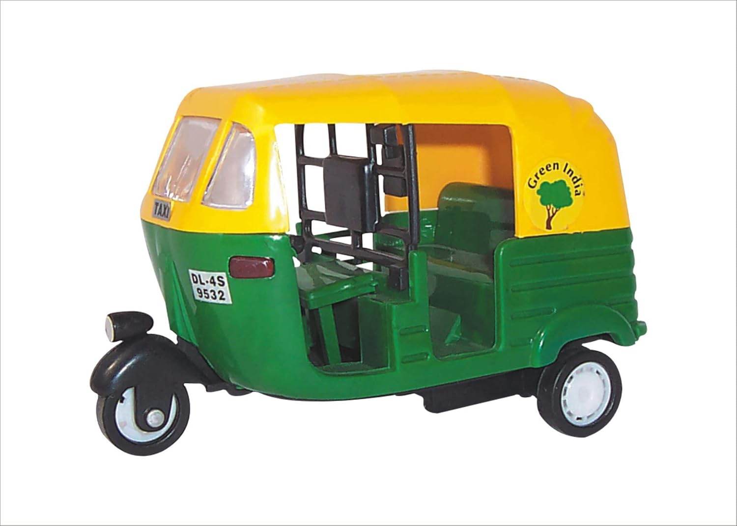 Green and yellow pull back auto rickshaw toy with detailed interior and exterior design