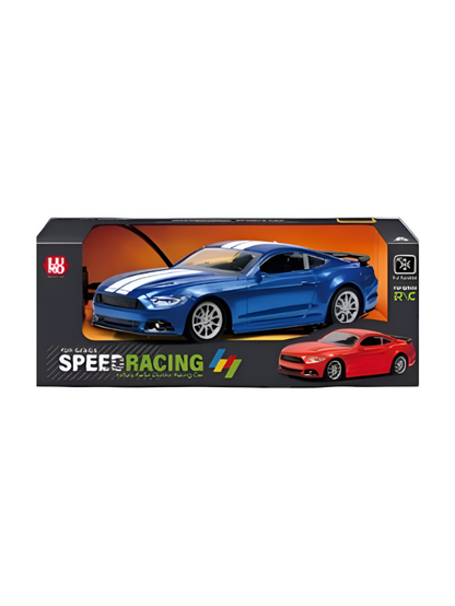 Blue GT Ford Mustang remote control car for kids aged 6 and up with speeding action.