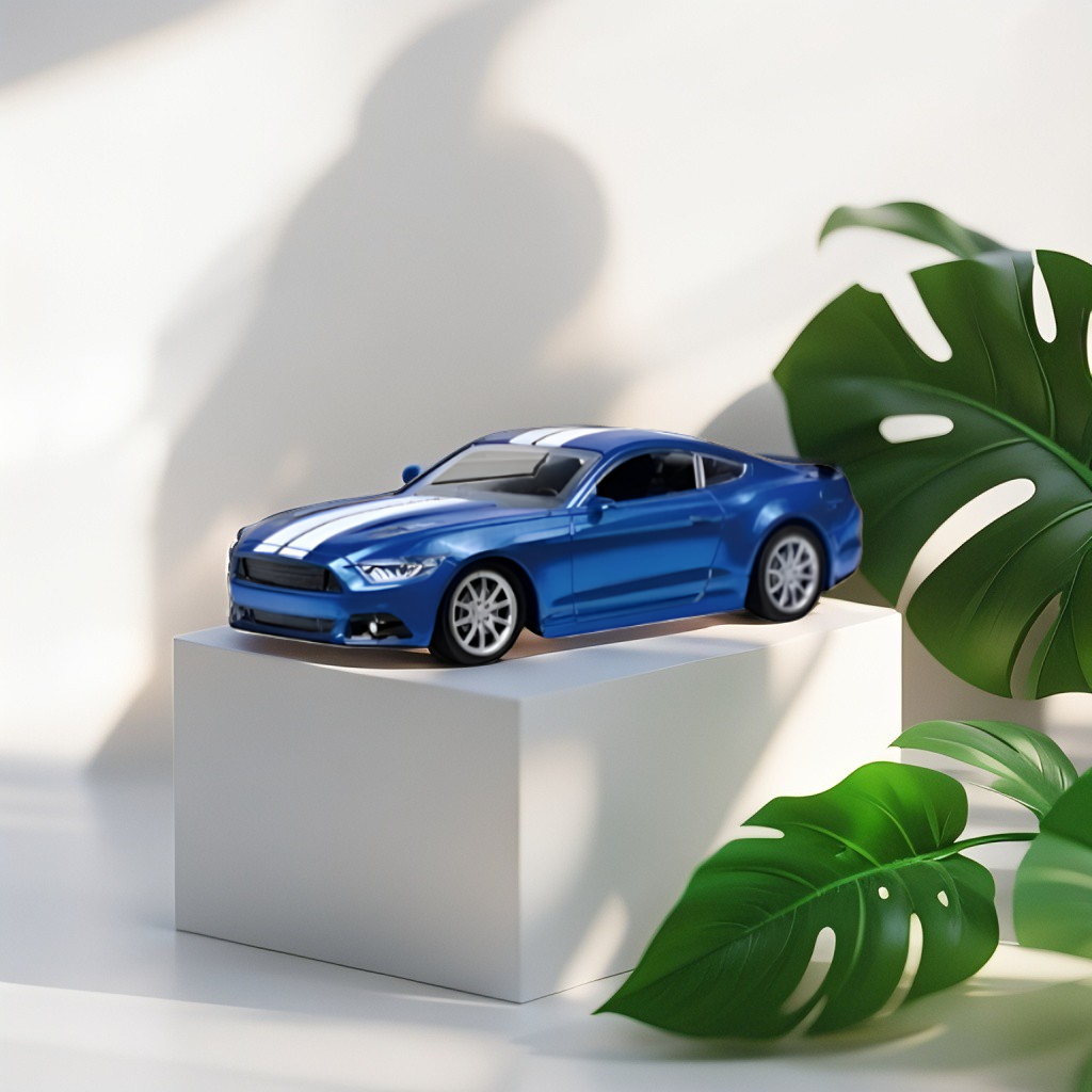Blue GT Ford Mustang toy car for children aged 3-10 years, displayed on a white pedestal