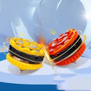 Colorful gyro wheel toy set in yellow and orange, perfect for ages 3 and up, spinning action for fun playtime