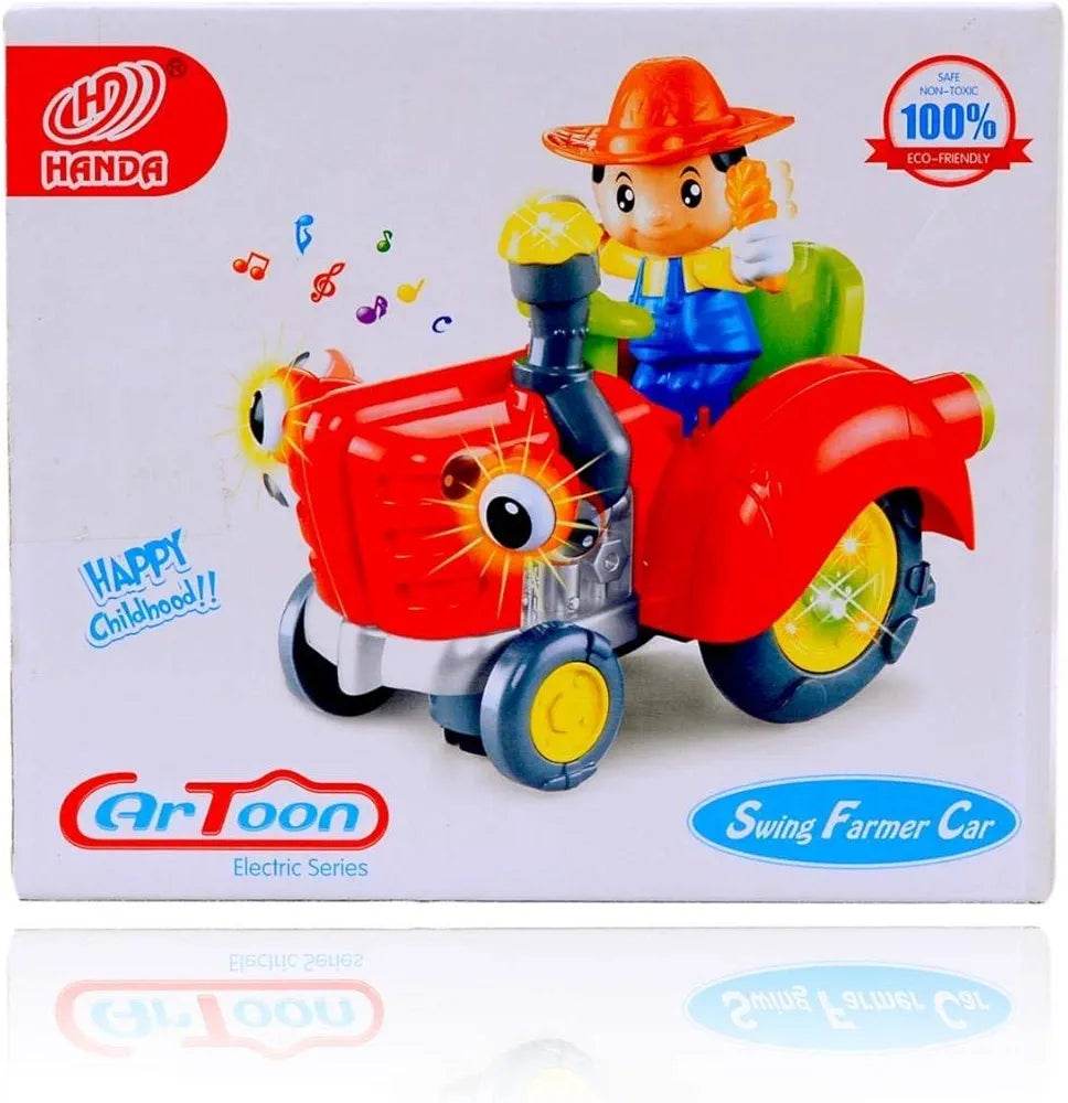 LUMO cartoon light up tractor toy with musical features and a farmer figure in a red and blue design