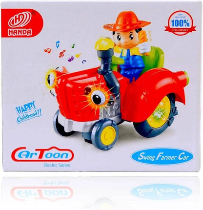 LUMO cartoon light up tractor toy with musical features and a farmer figure in a red and blue design