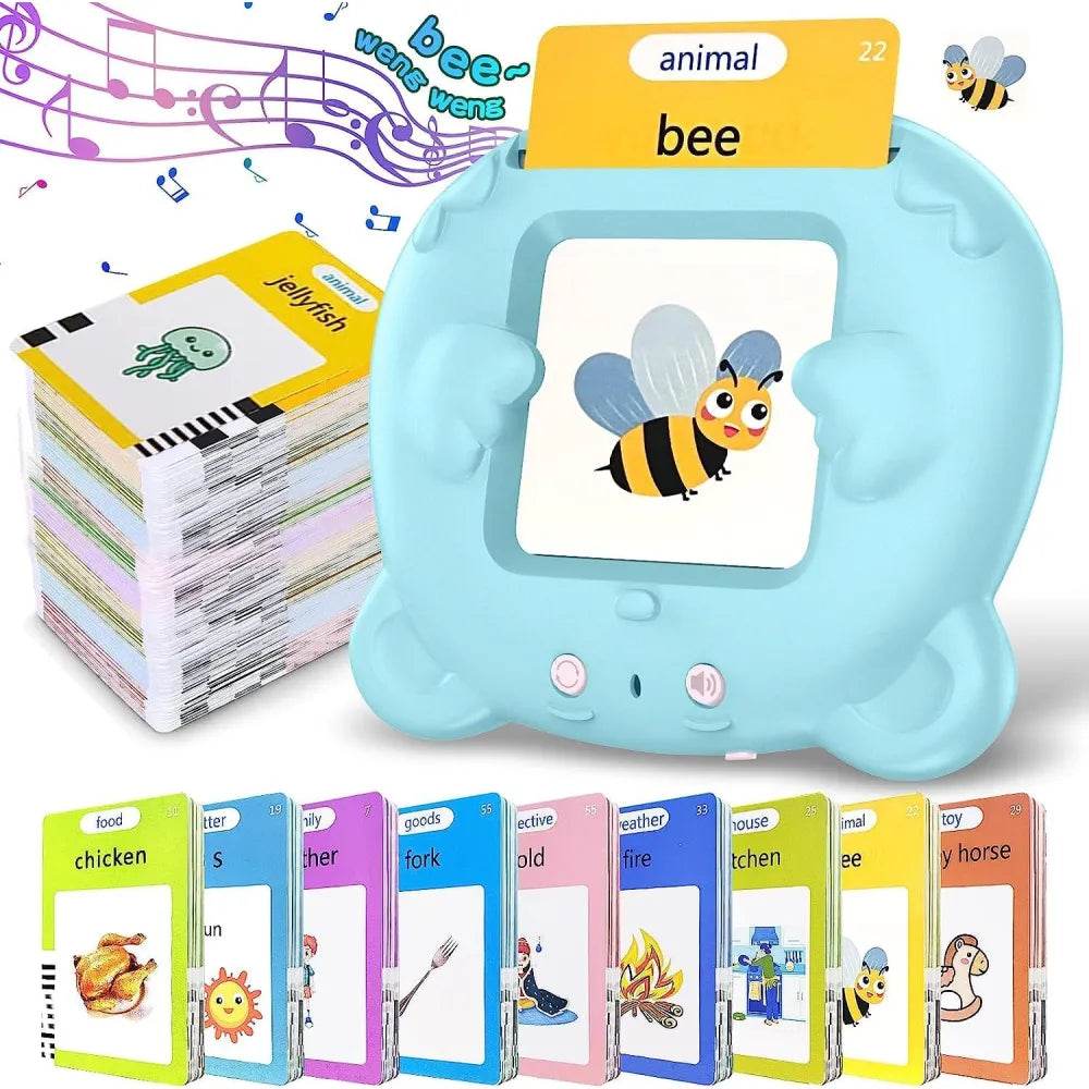 Blue electronic flash cards for toddlers device showing a bee card with multiple colorful flash cards for learning